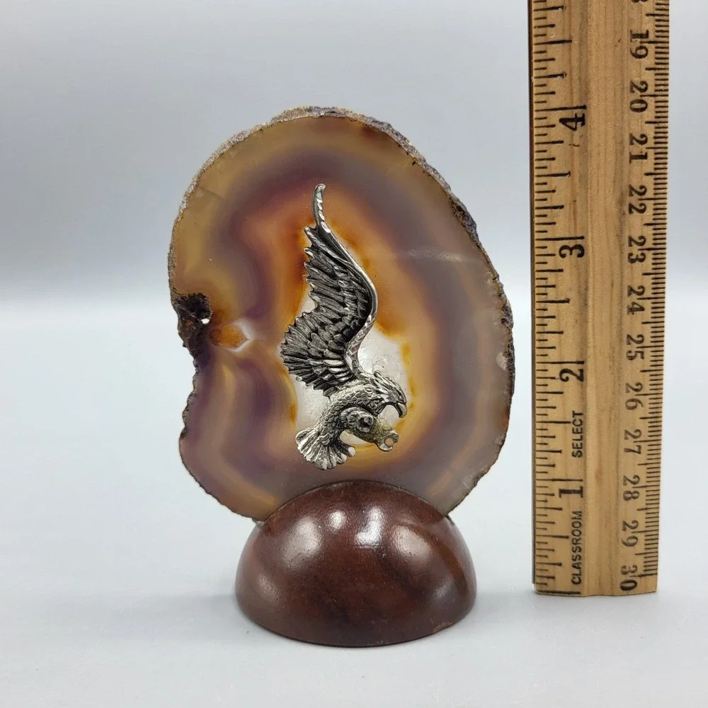 Agate Geode Metal Eagle Figurine Brazilian Stone Wood Base Brown Shelf Decor
